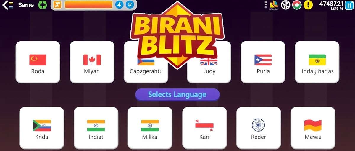 Biryani Blitz Language Options Biryani Blitz game interface showing language selection screen with various Indian languages