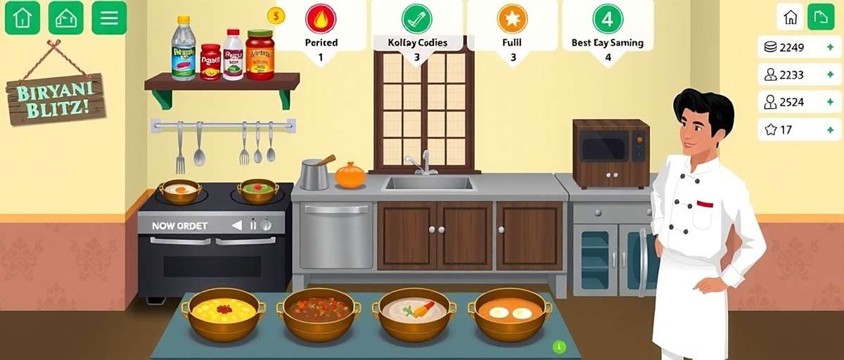 Biryani Blitz Gameplay Screenshot Biryani Blitz gameplay showing a virtual kitchen with various spices, cooking pots, and a customer waiting for their order